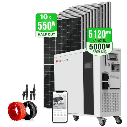 Canpower 5.12KW Kapasite+ 10x550W HalfCut Panel + 5KW İnvertör Lityum LifePo4 Villa Solar Enerji Seti resmi