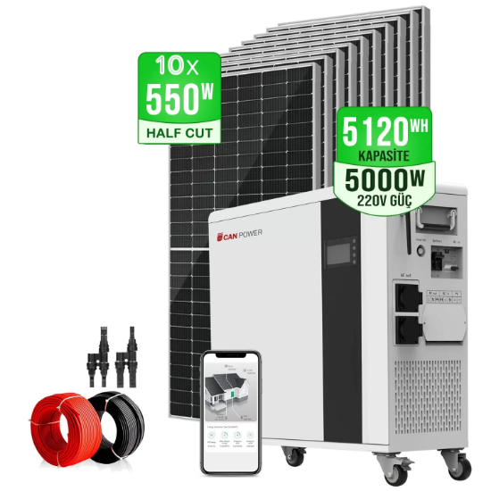 Canpower 5.12KW Kapasite+ 10x550W HalfCut Panel + 5KW İnvertör Lityum LifePo4 Villa Solar Enerji Seti resmi