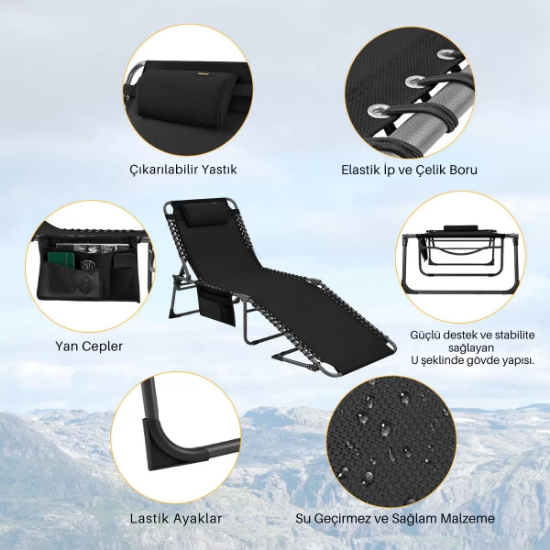 KingCamp Bavaria XL 4 Kademeli Katlanır Şezlong Black resmi