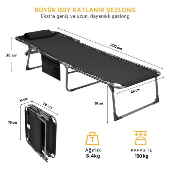 KingCamp Bavaria XL 4 Kademeli Katlanır Şezlong Black resmi