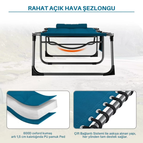 KingCamp Bavaria Cozy Premium 5 Kademeli Katlanır Şezlong Blue resmi