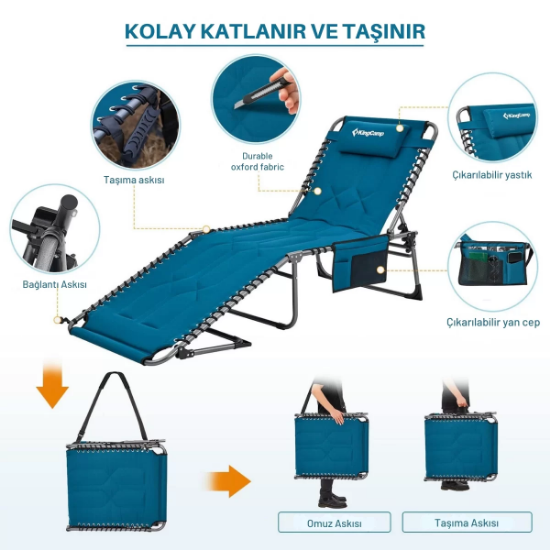 KingCamp Bavaria Cozy Premium 5 Kademeli Katlanır Şezlong Blue resmi