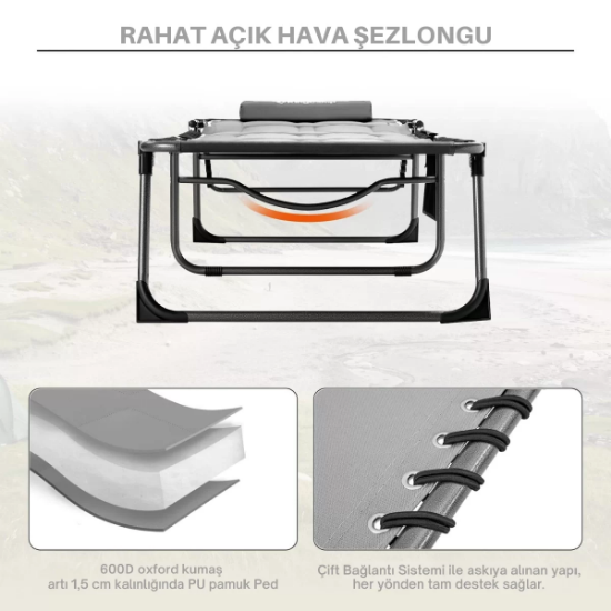 KingCamp Bavaria Cozy Premium 5 Kademeli Katlanır Şezlong Grey resmi