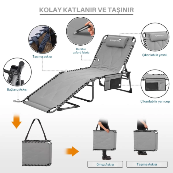KingCamp Bavaria Cozy Premium 5 Kademeli Katlanır Şezlong Grey resmi