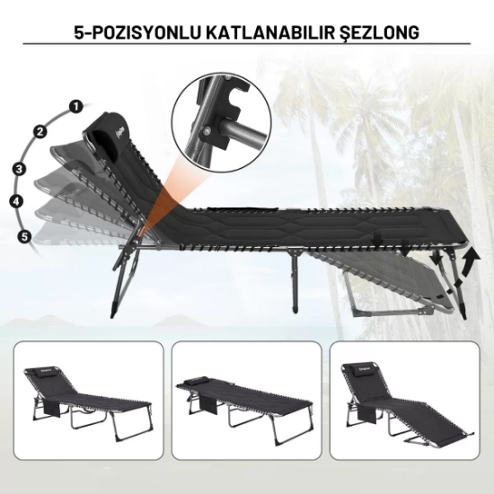 KingCamp Bavaria Cozy Premium 5 Kademeli Katlanır Şezlong Black resmi