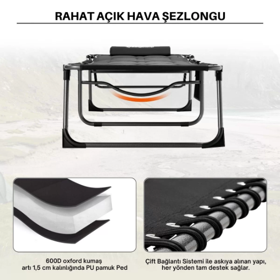 KingCamp Bavaria Cozy Premium 5 Kademeli Katlanır Şezlong Black resmi