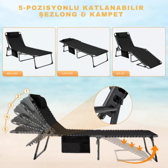 KingCamp Hamburg Cool Plus 5 Kademeli Katlanır Şilteli Şezlong Black & Grey resmi