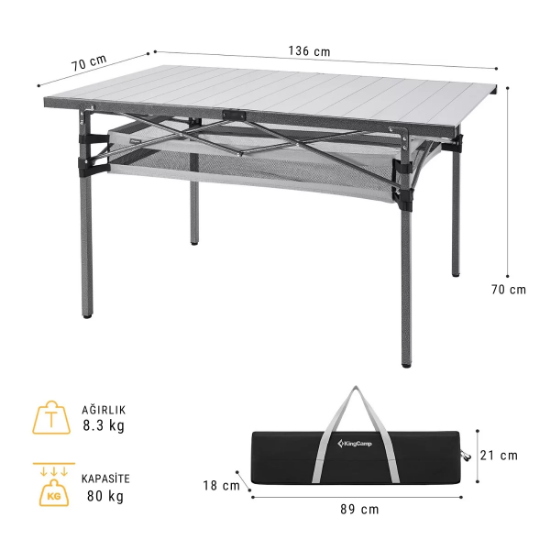 KingCamp Granite Plus XXL Alüminyum Katlanır Kamp Masası Silver resmi