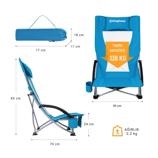 KingCamp Lilac High Comfort Plaj ve Dinlenme Sandalyesi Blue resmi