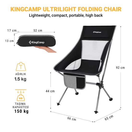 KingCamp Canna High Back Ultralight Katlanır Kamp Sandalyesi Black resmi