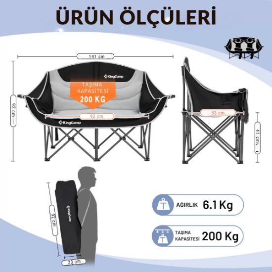 KingCamp Loveseat Double Çift Kişilik Katlanır Kamp Sandalyesi B.Grey resmi