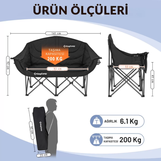 KingCamp Loveseat Double Çift Kişilik Katlanır Kamp Sandalyesi Black resmi