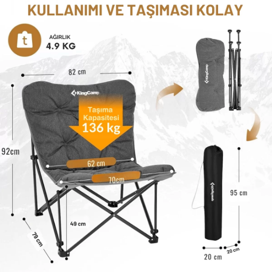 KingCamp Lemon Lux Ultra Konforlu Kamp Sandalyesi Grey resmi