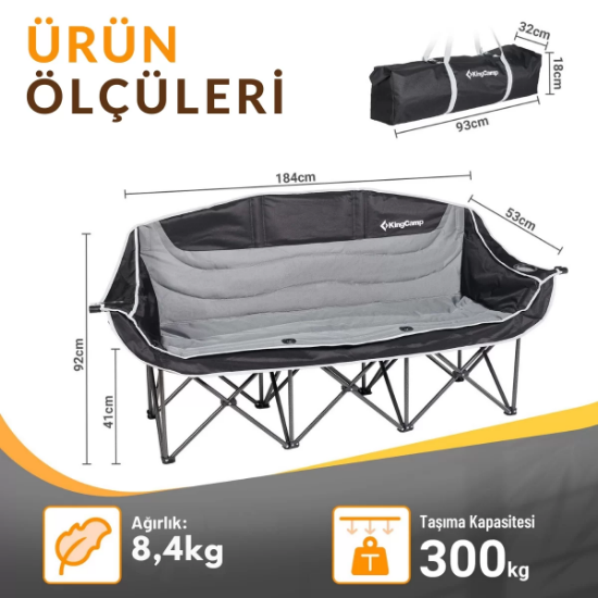 KingCamp Canna Ultra Konforlu Üç Kişilik Katlanır Kamp Sandalyesi B.Grey resmi
