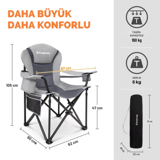KingCamp Cedar Deluxe Ultra Bel Destekli Kamp Sandalyesi Grey resmi