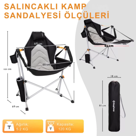 KingCamp Orchid Lux Ayak Dayamalı & Salıncaklı Hamak Kamp Sandalyesi Bl/Grey resmi