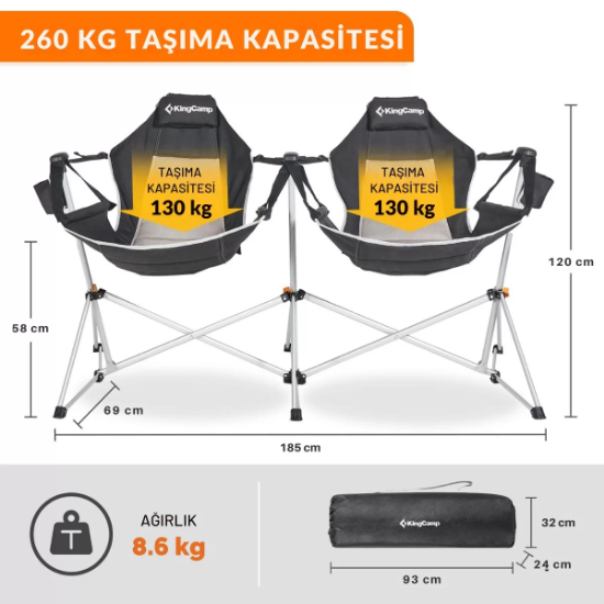 KingCamp Orchid Double Çift Kişilik Salıncaklı Katlanır Kamp Sandalyesi resmi