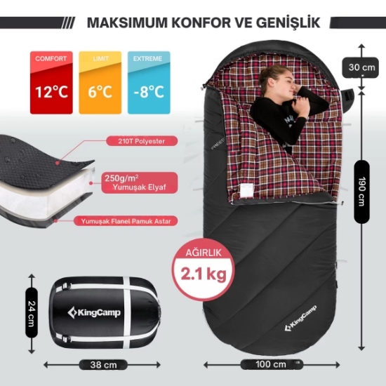 KingCamp FreeSpace 250 Relax -8°C Geniş Uyku Tulumu Black Sol F. resmi
