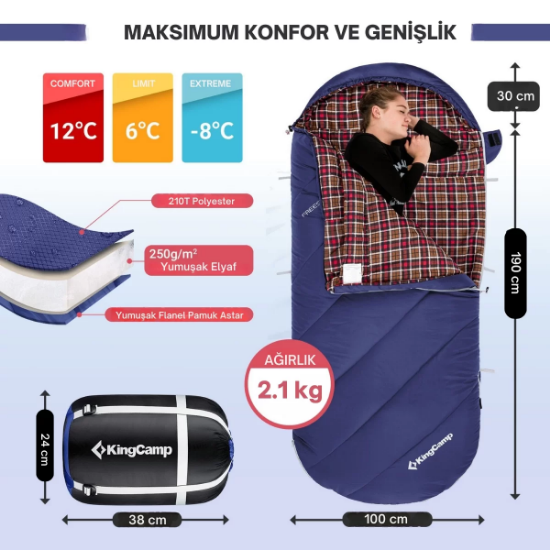 KingCamp FreeSpace 250 Relax -8°C Geniş Uyku Tulumu Navy Sol F. resmi