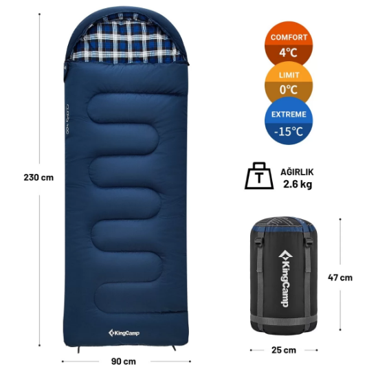 KingCamp Cloud 400 Ultra -15°C Geniş Uyku Tulumu Navy Sol F. resmi