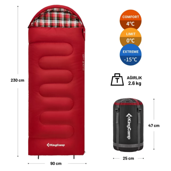KingCamp Cloud 400 Ultra -15°C Geniş Uyku Tulumu Red Sol F. resmi