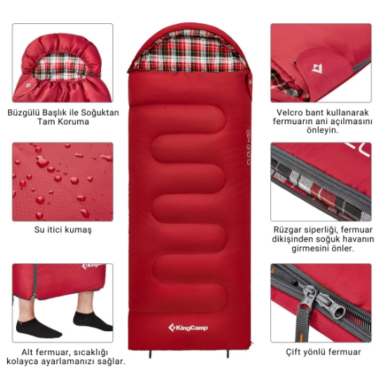 KingCamp Cloud 400 Ultra -15°C Geniş Uyku Tulumu Red Sol F. resmi