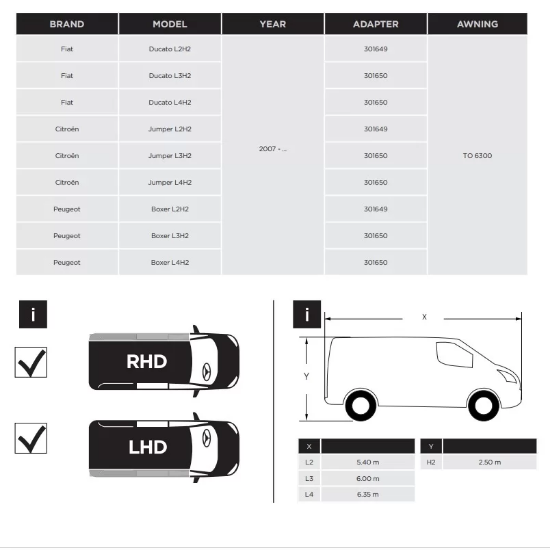 Thule 6300 L3,L4, H2Ducato Jumper Boxer 2007 ve sonrası Tente Montaj Braket Seti resmi