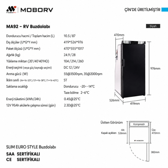MoboRv MA92 87L 12V/24V Kompresörlü Karavan Buzdolabı resmi