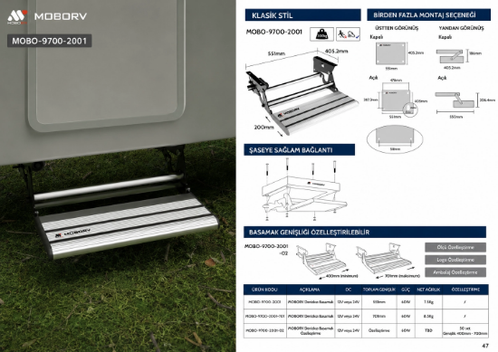 MoboRv Y2 551mm 12V/24V, Alüminyum Kaymaz Yüzey Elektrikli Karavan Basamağı resmi